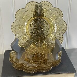 8 Vintage Brockway Glass Amber 6.5 in Saucers American Concord Supper Scalloped